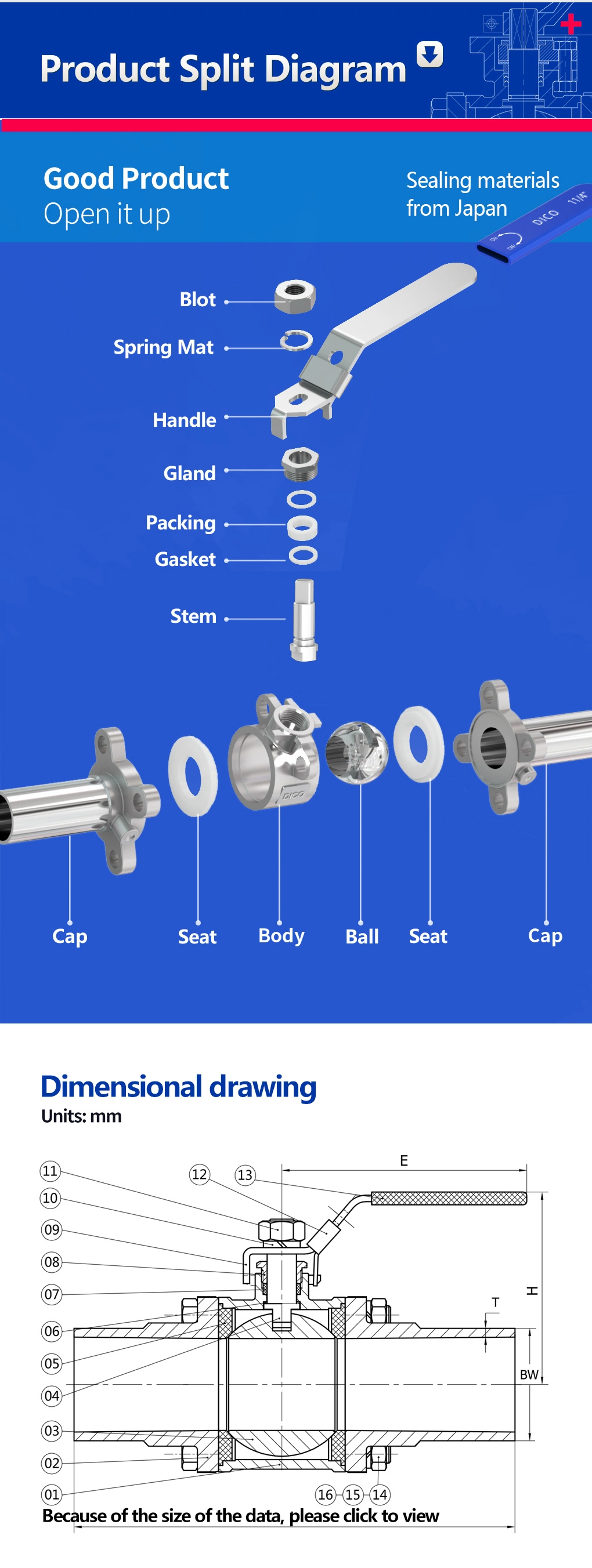 Dico Brand Sanitary Extended Welding 3PC Ball Valve with Locking Handle